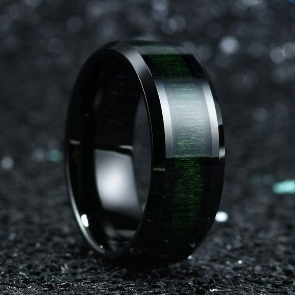 Men Mens Tungsten Wedding Band 8mm. Black w/ Ultra Dark Green Wood Inlay & Beveled.
